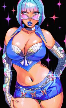 1girl blue_eyes blue_lips blue_shorts breasts crop_top dark-skinned_female dark_skin denim denim_shorts highres large_breasts lipstick makeup marvel marvel_rivals midriff papogochi psylocke short_hair shorts simple_background sunglasses thick_thighs thighs