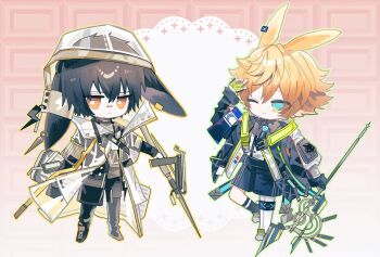2boys animal_ear_piercing animal_ears arknights ayerscarpe_(arknights) bandaid bandaid_on_face bandaid_on_nose baoshi_xiao_niao black_jacket black_pants black_shirt black_socks blonde_hair blue_eyes bright_pupils brown_hair chibi coat fingerless_gloves full_body gloves gradient_background green_gloves hand_up highres holding holding_staff holding_weapon hood hood_up infection_monitor_(arknights) jacket leonhardt_(arknights) long_sleeves lop_rabbit_ears male_focus multiple_boys one_eye_closed pants pink_background rabbit_ears see-through_clothes see-through_coat shirt short_hair single_thighhigh socks staff suspenders thighhighs weapon white_pupils white_thighhighs