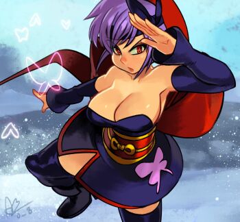 Rule 34 | 1girl, alex ahad, animal print, ayane (doa), bare shoulders, breasts, butterfly print, cleavage, dead or alive, detached sleeves, fighting stance, headband, large breasts, looking at viewer, purple hair, purple headband, purple thighhighs, red eyes, short hair, solo, strapless, thighhighs