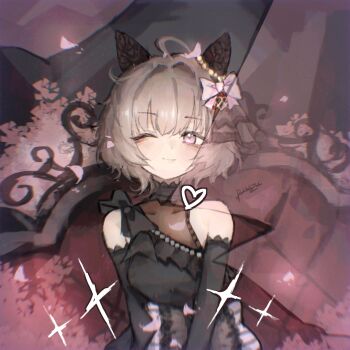 1girl animal_ears bare_shoulders black_dress black_gloves blush breasts closed_mouth commentary curren_chan_(sakutsuki_ma_cherie)_(umamusume) curren_chan_(umamusume) detached_sleeves doktahzaki dress ear_covers ear_ornament elbow_gloves english_commentary gloves grey_hair heart highres horse_ears horse_girl looking_at_viewer official_alternate_costume one_eye_closed purple_eyes see-through_cleavage see-through_clothes short_hair sitting sleeveless sleeveless_dress smile solo umamusume