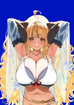 1girl absurdres ahoge anila_(granblue_fantasy) anila_(summer)_(granblue_fantasy) armpits arms_up bikini blonde_hair breasts cleavage commentary detached_sleeves draph granblue_fantasy highres horns huge_breasts long_hair looking_at_viewer navel official_alternate_costume ryoyu_(ryoyustarlight) sheep_horns short_eyebrows smile solo swimsuit thick_eyebrows very_long_hair white_bikini yellow_eyes