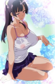1girl ajisai_no_chiru_koro_ni bare_shoulders black_hair blue_skirt blunt_ends blush breasts brown_eyes brown_hair camisole chromatic_aberration cleavage collarbone copyright_notice floral_background hair_ornament hair_scrunchie hairclip half-closed_eyes heavy_chromatic_aberration jpeg_artifacts large_breasts light_blush light_smile looking_to_the_side miniskirt panties panty_peek pink_panties pleated_skirt ponytail scrunchie see-through_camisole see-through_clothes shinomiya_natsusha sitting skirt spaghetti_strap sweat swept_bangs t-rex_(animation_studio) takeda_hiromitsu underwear white_camisole yokozuwari