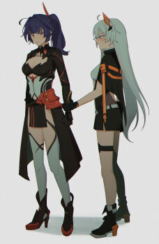 2girls absurdres ahoge armor breasts cleavage commentary dress english_commentary full_body gloves hair_down hair_ornament highres holding_another's_wrist honkai_(series) honkai_impact_3rd jacket kiana_kaslana kiana_kaslana_(void_drifter) layered_dress long_hair looking_at_another multiple_girls open_mouth pelvic_curtain platform_heels purple_hair raiden_mei raiden_mei_(danzai_spectramancer) rena_(rrena) ribbon skirt strap thighhighs very_long_hair white_background white_hair