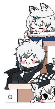 Rule 34 | 1boy, 2girls, :3, animal ear fluff, animal ears, arknights, black boots, black cape, black jacket, black necktie, black pants, blush, blush stickers, boots, brother and sister, cape, cellphone, checkered clothes, chibi, cliffheart (arknights), closed eyes, closed mouth, commentary request, fur-trimmed cape, fur trim, grey hair, hair between eyes, hat, highres, holding, holding phone, jacket, juexing (moemoe3345), long hair, long sleeves, multiple girls, necktie, newsboy cap, pants, phone, pramanix (arknights), shirt, siblings, silverash (arknights), silverash family (arknights), simple background, sisters, sitting, sleeping, smile, snow leopard boy, snow leopard ears, snow leopard girl, snow leopard tail, tail, white background, white hair