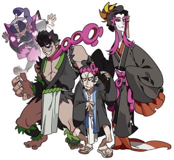 Rule 34 | 4boys, barefoot, black hair, ecchuu fundoshi, fezandipiti, highres, japanese clothes, kimono, large hands, large pectorals, male focus, mask, multiple boys, munkidori, muscular, muscular male, nintendo, okidogi, pecharunt, pectoral cleavage, pectorals, personification, pokemon, purple hair, rkrekrnl1, sharp teeth, short hair, simple background, teeth, waraji, white background