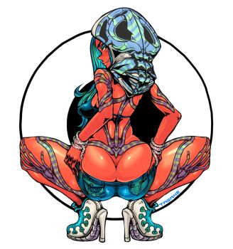 1girl ass bikini bikini_top_only blue_hair breasts butt_crack clothes_pull from_behind high_heels hooded large_breasts long_hair looking_at_viewer looking_back markings shorts shorts_pull squatting swimsuit tagane