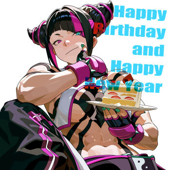 1girl abs absurdres bare_shoulders black_hair bracelet breasts cake commentary_request fingerless_gloves food gloves green_nails han_juri highres holding holding_plate jewelry multicolored_hair muscular muscular_female nail_polish pink_eyes pink_hair plate solo spiked_bracelet spikes street_fighter street_fighter_6 two-tone_hair yagi_(joe731842)