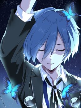 1boy arm_up black_jacket black_ribbon blue_butterfly blue_hair bug butterfly closed_eyes closed_mouth collared_shirt commentary_request gekkoukan_high_school_uniform headphones highres insect jacket kaito_ikeuchi lapels layered_sleeves long_sleeves male_focus mixed-language_commentary neck_ribbon notched_lapels open_collar parted_bangs persona persona_3 ribbon school_uniform shirt sky solo star_(sky) starry_sky suit_jacket upper_body white_shirt wing_collar yuuki_makoto_(persona_3)