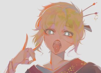 1girl blonde_hair blue_eyes commentary_request fangs fox_shadow_puppet hair_between_eyes hair_ornament hair_stick highres kagamine_rin laari_000 looking_at_viewer open_mouth piercing short_hair simple_background tongue tongue_out tongue_piercing vocaloid white_background