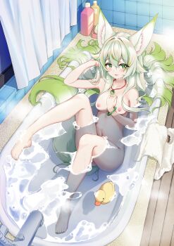 Rule 34 | 1girl, :d, animal ears, bangle, bar soap, bathing, bathtub, bracelet, breasts, commentary request, completely nude, curtains, full body, green eyes, green hair, hand on own chest, highres, in bathtub, indoors, jewelry, long hair, looking at viewer, medium breasts, multicolored hair, nabe-san, navel, necklace, negiwolf, nude, open mouth, original, parted lips, partially submerged, rubber duck, smile, soap bubbles, steam, tail, towel, two-tone hair, water, wet, wolf ears, wolf girl, wolf tail