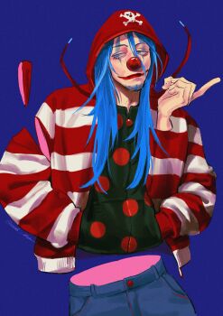 1boy absurdres alternate_costume bisected blue_eyes blue_hair blue_pants buggy_the_clown clown_nose commentary cowboy_shot denim devil_fruit_power disembodied_hand english_commentary facial_hair goatee hair_between_eyes hair_down hands_in_pockets highres hood hood_up hooded_jacket jacket jeans lipstick long_hair looking_to_the_side makeup male_focus one_piece pants pointing polka_dot polka_dot_shirt shirt sideways_glance solo striped_clothes striped_jacket vamos_mk