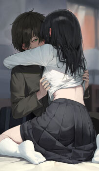1boy 1girl absurdres black_hair black_jacket black_skirt blurry blurry_background blush chitanda_eru clothes_lift commentary dated_commentary ear_blush gakuran grabbing_another's_breast green_eyes groping hetero highres hug hwan_(verypoor) hyouka indoors jacket kneehighs long_hair looking_at_another median_furrow oreki_houtarou pleated_skirt school_uniform serafuku shirt_lift sitting skirt socks straight_hair sweat white_socks