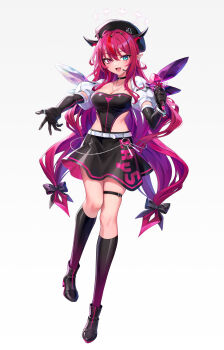 1girl :d belt beret black_boots black_choker black_gloves black_hat black_leotard black_skirt black_socks blue_eyes boots bow breasts choker cleavage clothes_writing commentary crystal_wings detached_sleeves double-parted_bangs double_halo earrings elbow_gloves english_commentary fang full_body gloves gradient_socks hair_between_eyes hair_bow halo hat headset heterochromia high_heel_boots high_heels highres holding holding_microphone hololive hololive_english horns irys_(hololive) jewelry kneehighs leotard leotard_under_clothes long_hair looking_at_viewer low-tied_long_hair medium_breasts microphone miniskirt necklace official_alternate_costume oopartz_yang open_mouth outstretched_arm pointy_ears print_skirt puffy_detached_sleeves puffy_short_sleeves puffy_sleeves purple_eyes purple_hair purple_socks red_streaks short_sleeves sidelocks simple_background skirt smile socks solo star-shaped_pupils star_(symbol) star_halo symbol-shaped_pupils thigh_strap very_long_hair virtual_youtuber white_background white_belt white_sleeves wings