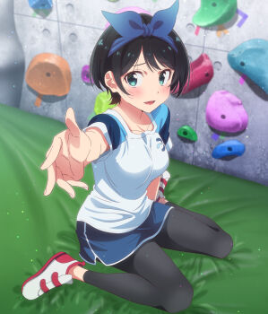 1girl aqua_eyes black_hair black_pants blue_hairband blue_skirt blush bow breasts female_focus hair_bow hairband highres kanojo_okarishimasu key_visual leggings looking_at_viewer mattress medium_breasts miniskirt official_art open_mouth pants pants_under_skirt promotional_art reaching reaching_towards_viewer sarashina_ruka shirt short_hair short_sleeves sitting skirt solo t-shirt wariza