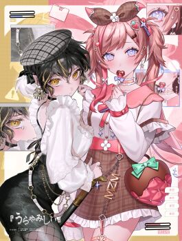 2girls absurdres bag beret black_choker black_hair black_pantyhose black_ribbon black_skirt blonde_hair blue_eyes blush bow breasts brown_bow brown_skirt candy chain chocolate choker closed_mouth cowboy_shot dress ear_piercing earrings eating eyelashes feather_hair_ornament feathers fishnet_pantyhose fishnets food frilled_choker frilled_shirt frilled_skirt frilled_sleeves frills garter_straps grey_hat hair_bow hair_ornament hair_ribbon hairclip handbag hat heart heart_choker heart_hair_ornament high-waist_skirt highres holding holding_candy holding_food holding_lollipop holding_wand jewelry jirai_kei lollipop long_hair long_sleeves looking_at_viewer mau_sakura multicolored_hair multiple_girls original pantyhose piercing pink_choker pink_hair pink_ribbon pink_sailor_collar plaid_clothes plaid_hat plaid_skirt ribbon sailor_collar shirt short_hair shoulder_bag skirt sleeves_past_wrists strawberry_bag streaked_hair thigh_strap thighhighs twintails two-tone_hair wallet_chain wand white_feathers white_shirt yellow_eyes