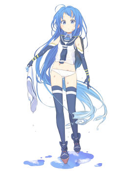 1girl amana_(pocketkey) black_sailor_collar blue_eyes blue_gloves blue_hair blue_neckerchief blue_thighhighs commentary_request elbow_gloves full_body gloves gradient_hair highres holding holding_unworn_clothes holding_unworn_skirt kantai_collection long_hair looking_at_viewer messy_hair multicolored_hair neckerchief panties puddle sailor_collar samidare_(kancolle) school_uniform serafuku simple_background skirt sleeveless solo standing thighhighs underwear unworn_skirt very_long_hair wet wet_clothes white_background white_panties white_skirt