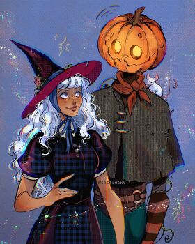 Rule 34 | 1boy, 1girl, belt, blue background, blue bow, blue nails, bow, capelet, closed mouth, commentary, cowboy shot, dress, flower, green pants, gretel lusky, grey capelet, hat, hat flower, hat ribbon, highres, jewelry, light smile, long hair, looking at another, mouse on shoulder, neckerchief, original, pants, pink flower, plaid clothes, plaid dress, puffy short sleeves, puffy sleeves, pumpkin head, purple dress, purple eyes, purple ribbon, red hat, red lips, red neckerchief, red shirt, ribbon, ring, shirt, short sleeves, sparkle, striped clothes, striped shirt, twitter username, wavy hair, white hair, white shirt, witch, witch hat