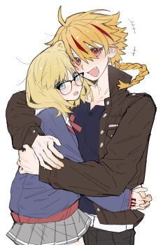 Rule 34 | 1boy, 1girl, absurdres, ahoge, blonde hair, blue eyes, blush, braid, braided ponytail, collared shirt, command spell, fang, fate/strange fake, fate (series), glasses, hetero, highres, hug, looking at viewer, medium hair, multicolored hair, open mouth, red eyes, red streaks, richard i (fate), sajou ayaka (fate/strange fake), shirt, shuouyu, simple background, single braid, smile, sweater, upper body, white background