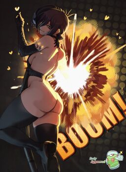 1girl apron ass black_apron black_gloves black_hair black_thighhighs bomb_devil_(chainsaw_man) breasts burnt_lewds chainsaw_man closed_mouth dynamite elbow_gloves explosion explosive gloves green_eyes hair_between_eyes highres reze_(chainsaw_man) sideboob small_breasts smile solo thighhighs