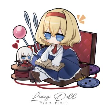 Rule 34 | 2girls, absurdres, alice margatroid, alternate costume, ascot, blonde hair, blue eyes, blush, book, brown shoes, buttons, capelet, character name, chibi, chibi only, closed mouth, commentary, dress, english commentary, hair bobbles, hair ornament, hairband, heart, highres, long sleeves, mixed-language commentary, multiple girls, multiple wings, needle, no noru, one side up, open book, pantyhose, red ascot, red dress, red hairband, sewing needle, shinki (touhou), shirt, shoes, sitting, smile, suitcase, touhou, touhou (pc-98), translation request, white pantyhose, white shirt, wings