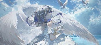 1girl alternate_costume amane_kanata angel_wings arupaoka bird black_choker blue_hair blue_sky choker closed_mouth clothing_cutout cloud colored_inner_hair commentary cumulonimbus_cloud day dress english_commentary feathered_wings floating_hair from_behind grey_hair hair_intakes highres holding hololive lace lace_choker long_hair looking_at_viewer multicolored_hair ocean outdoors purple_eyes short_sleeves shoulder_cutout sky smile solo virtual_graduation_commemoration virtual_youtuber white_dress white_wings wings