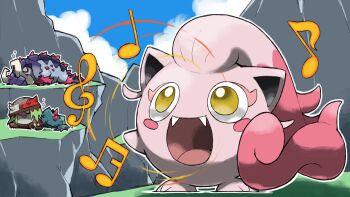 :d blacknirrow blue_sky blush blush_stickers brute_bonnet cliff closed_eyes closed_mouth cloud day eighth_note fangs flutter_mane full_body great_tusk highres music musical_note nintendo no_humans open_mouth outdoors outline pokemon pokemon_(creature) pokemon_focus scream_tail singing sixteenth_note sky sleeping smile treble_clef tusks white_outline yellow_eyes