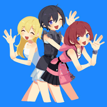 Rule 34 | 3girls, aqua background, belt, black belt, black hair, black shirt, blonde hair, blue eyes, blush, bracelet, closed eyes, collarbone, commentary, cropped legs, dress, eyelashes, hair between eyes, highres, hood, hood down, hooded dress, jewelry, kairi (kingdom hearts), kingdom hearts, kingdom hearts iii, long hair, multiple girls, namine, one eye closed, open mouth, pink dress, red hair, shirt, short hair, simple background, skirt, sleeveless, sleeveless dress, sleeveless shirt, smile, symbol-only commentary, waving, white dress, white skirt, xion (kingdom hearts), yomyompi