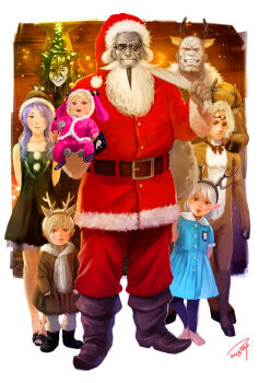 3girls 5boys aged_down animal_costume animal_ears baby bald barefoot belt black_belt black_hair blonde_hair blue_dress brother_and_sister brothers camilla_(fire_emblem) carrying carrying_baby carrying_person child christmas_tree colored_skin commentary deer_ears dress elise_(fire_emblem) english_commentary fake_animal_ears family female_corrin_(fire_emblem) fire_emblem fire_emblem_fates fur-trimmed_sleeves fur_trim garon_(fire_emblem) glasses gold_mask green_dress grey_skin grin half-siblings hand_on_own_shoulder hans_(fire_emblem) hat highres holding holding_sack hooves iago_(fire_emblem) leo_(fire_emblem_fates) long_hair long_sleeves looking_at_viewer mask multiple_boys multiple_girls nintendo purple_hair reindeer_costume sack santa_costume santa_hat siblings sisters smile soeda_ippei teeth watermark white_hair xander_(fire_emblem)