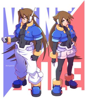 1boy 1girl aile_(mega_man_zx) black_bodysuit blue_jacket bodysuit bodysuit_under_clothes breasts brown_hair character_name commentary_request covered_navel cropped_jacket full_body green_eyes highres ishigaki_(sora_roxas) jacket long_hair male_focus medium_breasts mega_man_(series) mega_man_zx mega_man_zx_advent open_clothes open_jacket pants ponytail robot_ears shorts simple_background twitter_username vent_(mega_man) white_background white_pants white_shorts
