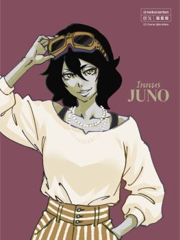 Rule 34 | 1girl, bead necklace, beads, breasts, character name, commentary, english commentary, goggles, goggles on head, hair between eyes, hand in pocket, highres, jewelry, large breasts, limited palette, lips, long sleeves, medium hair, necklace, nekoranten, original, parted lips, puffy long sleeves, puffy sleeves, smile, solo, striped clothes, twitter username, upper body, watermark