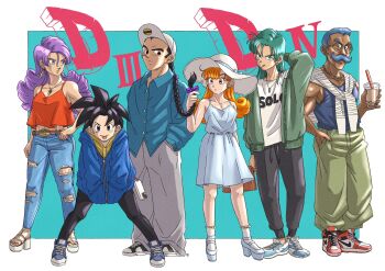 Rule 34 | 3boys, 3girls, alena (dq4), braid, braided ponytail, breasts, casual, closed mouth, commentary request, denim, dragon quest, dragon quest iii, dragon quest iv, dress, earrings, facial hair, full body, hat, hero (dq4), highres, jeans, jewelry, long hair, looking at viewer, martial artist (dq3), multiple boys, multiple girls, mustache, necklace, pants, roto (dq3), ryan (dq4), shoes, short hair, smile, sneakers, torn clothes, torn jeans, torn pants, warrior (dq3), white dress, yuto sakurai