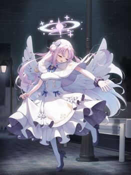 1girl absurdres angel_wings aqua_hair blonde_hair blue_archive blue_bow blush bow capelet closed_eyes commentary_request crescent dress feathered_wings flower gold_trim gradient_hair hair_bun hair_flower hair_ornament halo high_heels highres lamppost long_hair low_wings matchamassa mika_(blue_archive) multicolored_hair night outdoors pink_hair pink_halo pumps scrunchie single_hair_bun single_side_bun smile solo very_long_hair white_capelet white_dress white_wings wing_ornament wings wrist_scrunchie