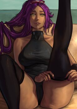 Rule 34 | 1girl, 2025, bare shoulders, black leotard, black thighhighs, bleach, bleach: sennen kessen-hen, breasts, collarbone, dark-skinned female, dark skin, female focus, hair ornament, highres, large breasts, leg up, leotard, long hair, lying, on back, parted bangs, parted lips, ponytail, purple hair, shihouin yoruichi, thighhighs, thighs, vedart2, yellow eyes