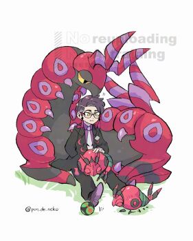 1boy antennae black-framed_eyewear black_hair black_jacket black_pants bug centipede closed_eyes closed_mouth collared_shirt colored_sclera corbeau_(pokemon) eyewear_strap gen_5_pokemon glasses horns jacket long_sleeves necktie nintendo open_clothes open_jacket pants parted_hair pokemon pokemon_(creature) pokemon_legends:_z-a pon_de_neko purple_hair purple_shirt round_eyewear scolipede shirt short_hair short_sideburns sitting smile undercut venipede white_necktie yellow_eyes yellow_sclera