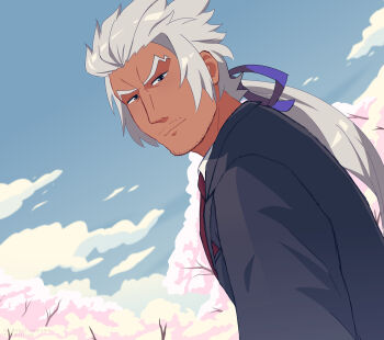 Rule 34 | 1boy, absurdres, black jacket, blue ribbon, blue sky, catovyen, classicaloid, closed mouth, cloud, commentary, commentary request, dark-skinned male, dark skin, english commentary, facial hair, grey hair, highres, jacket, johann sebastian bach (classicaloid), long hair, looking at viewer, male focus, mature male, mustache stubble, necktie, red necktie, ribbon, sky, solo, sparse stubble, spring (season), stubble, upper body, v-shaped eyebrows