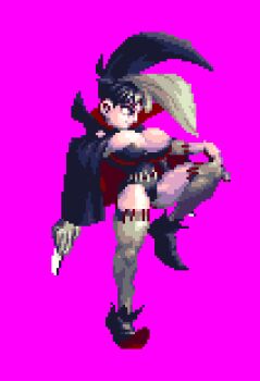 alternate_hair_length alternate_hairstyle animated animated_gif atlus black_hair bouncing_breasts breasts bustier cape cleavage elbow_gloves gloves high_collar huge_breasts knife leg_up lowres multicolored_hair necro_samantha pixel_art princess_crown short_hair stitches thighhighs thighs two-tone_hair vampire_costume vanillaware
