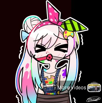 Rule 34 | > <, 1girl, airani iofifteen, ball gag progress bar (meme), blue hair, chibi, gradient hair, hair ornament, hairband, highres, hololive, hololive indonesia, long hair, meme, multicolored hair, paint splatter, palette hair ornament, pink hair, sico de seraph, side ponytail, sidelocks, virtual youtuber