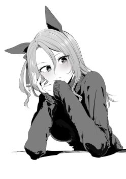 1girl absurdres breasts closed_mouth commentary_request ear_covers greyscale highres kakuteru_sudachi king_halo_(umamusume) long_sleeves looking_at_viewer medium_breasts medium_hair monochrome simple_background sleeves_past_wrists solo sweater umamusume white_background