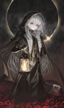 axe blood cross flower highres lantern non-web_source nun original paper_lantern red_eyes spider_lily white_hair