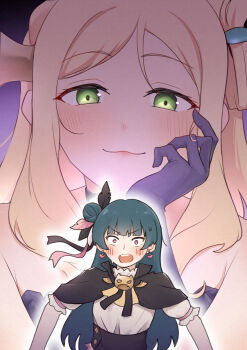 Rule 34 | 2girls, :3, absurdres, aqua hair, black capelet, black feathers, blonde hair, blouse, brooch, capelet, closed mouth, commentary request, dress, earrings, elbow gloves, feather hair ornament, feathers, genjitsu no yohane, gloves, gradient background, green eyes, hair bun, hair ornament, hair rings, hand on own cheek, hand on own face, heart, heart earrings, highres, jewelry, long hair, looking at viewer, love live!, love live! sunshine!!, mari (genjitsu no yohane), multiple girls, ohara mari, open mouth, pink dress, pink feathers, purple background, purple gloves, risai, shirt, simple background, single hair ring, single side bun, strapless, strapless dress, tsushima yoshiko, white shirt, yohane (genjitsu no yohane)