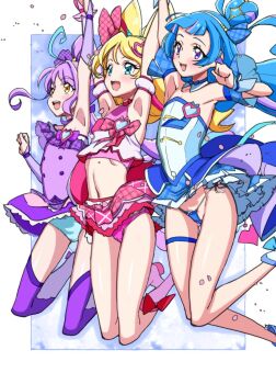 3girls aokaze_nana aqua_eyes aqua_panties armpits arms_up asortofcolorfag blonde_hair blue_dress blue_hair blue_panties blue_ribbon blush brown_eyes colorized commentary crop_top cure_idol cure_kyunkyun cure_wink dress english_commentary flat_chest gluteal_fold groin hair_ornament hair_ribbon hairclip highres holding_hands jumping kimi_to_idol_precure long_hair looking_ahead micro_panties miyagoe_yoshitsuki multicolored_hair multiple_girls navel open_mouth panties pink_panties pink_ribbon pink_shirt pink_skirt precure purple_dress purple_eyes purple_hair purple_ribbon ribbon sakura_uta_(precure) shigure_kokoro shirt skirt smile stomach strapless strapless_dress streaked_hair underwear