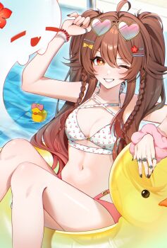 1girl adjusting_eyewear anko_(kimt140n) bikini black_nails blush boo_tao_(genshin_impact) breasts brown_hair cleavage duck_innertube flower flower-shaped_pupils genshin_impact hair_between_eyes hat hat_flower heart highres hu_tao_(genshin_impact) innertube jewelry long_hair looking_at_viewer multiple_rings navel plum_blossoms red_eyes ring rubber_duck small_breasts smile solo swimsuit symbol-shaped_pupils teeth twintails