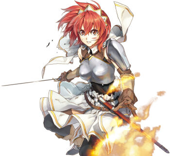 1girl armor bad_link black_thighhighs boobplate breastplate brown_gloves cecily_cambell fire gloves long_hair looking_at_viewer luna_(reclaimed_land) pauldrons red_eyes red_hair scabbard seiken_no_blacksmith sheath shoulder_armor simple_background skirt solo sword thighhighs weapon white_background