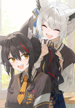 2girls :d adjusting_another&#039;s_hair ahoge animal_ear_fluff animal_ears backlighting black_hair blue_ribbon blue_skirt brown_cardigan brown_shirt cardigan closed_eyes collar cowboy_shot fang fox_ears fox_girl grabbing_another&#039;s_hair hair_between_eyes hair_intakes hair_ornament hair_ribbon hashtag-only_commentary highres holding_another&#039;s_hair hololive indoors light_blush long_sleeves medium_hair multicolored_hair multiple_girls necktie ookami_mio open_mouth orange_eyes plaid_clothes plaid_skirt pleated_skirt red_streaks ribbon rimori22 shirakami_fubuki shirt sidelocks skirt smile streaked_hair teeth upper_body upper_teeth_only virtual_youtuber white_collar white_hair white_shirt window