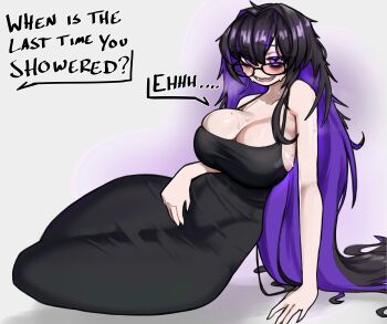 1girl absurdres bags_under_eyes black_hair breasts colored_inner_hair commentary english_commentary glasses goddess_of_victory:_nikke highres label_(nikke) large_breasts long_hair mole multicolored_hair nervous_smile open_mouth purple_eyes purple_hair skrt004 smile sweat