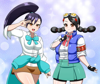 Rule 34 | 2girls, black hair, breasts, brown eyes, candice (pokemon), candice (pokemon) (cosplay), clothes around waist, cosplay, costume switch, fingerless gloves, gloves, goggles, hibiki ran, hibiki ran (cosplay), jacket, justice gakuen, large breasts, long hair, miniskirt, multi-tied hair, multiple girls, nintendo, pokemon, pokemon dppt, ponytail, skirt, sleeveless, sweater, sweater around waist, yensh