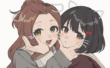 2girls black_hair blush bow brown_hair drawn_ears drawn_heart drawn_whiskers hair_bow hair_ornament hand_on_another's_face hibike!_euphonium highres hisaishi_kanade kenzaki_ririka kitauji_high_school_uniform long_sleeves looking_at_viewer multiple_girls open_mouth red_bow red_eyes school_uniform short_hair simple_background smile star_(symbol) star_hair_ornament white_background yellow_eyes yureru_300