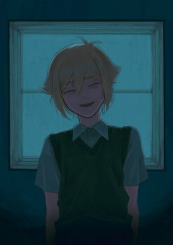 1boy antenna_hair basil_(faraway)_(omori) basil_(omori) blonde_hair closed_eyes collared_shirt double-parted_bangs green_sweater_vest hair_between_eyes highres indoors male_focus msdnno_kabe nervous_smile omori open_mouth shirt short_hair short_sleeves sidelocks smile solo sweater_vest white_shirt window