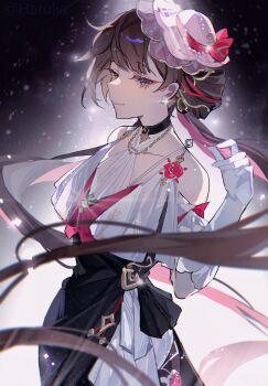 Rule 34 | 1girl, black dress, breasts, brown eyes, brown hair, chinese commentary, commentary, commentary request, dress, earrings, elbow gloves, english commentary, gloves, haruka (rsyaooooo), hat, highres, honkai (series), honkai impact 3rd, jewelry, large breasts, li sushang, li sushang (midnight moon), long hair, mixed-language commentary, multicolored hair, pink hair, prototype design, smile, solo, two-tone hair, very long hair, white gloves