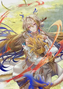 Rule 34 | 1girl, arknights, bare shoulders, blonde hair, blue hair, colored extremities, colored skin, dragon girl, dragon horns, dragon tail, earrings, eastern dragon tail, grass, green eyes, grey hair, hair between eyes, hair intakes, highres, holding, holding plant, horns, jacket, jewelry, long hair, long sleeves, looking at viewer, multicolored hair, necklace, off shoulder, pants, parted lips, plant, pointy ears, shu (arknights), solo, strapless, tail, tassel, tassel earrings, very long tail, washuu, wheat, white jacket, white pants